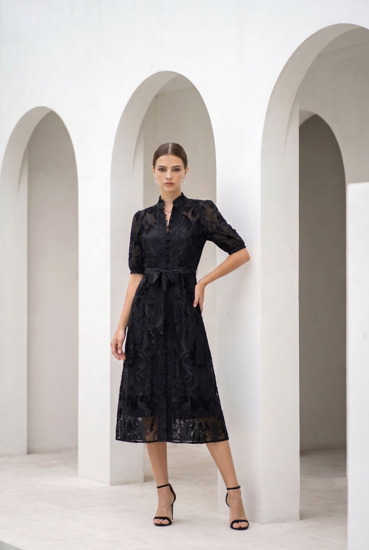 YVETTE LACE SHORT SLEEVES LONG DRESS
