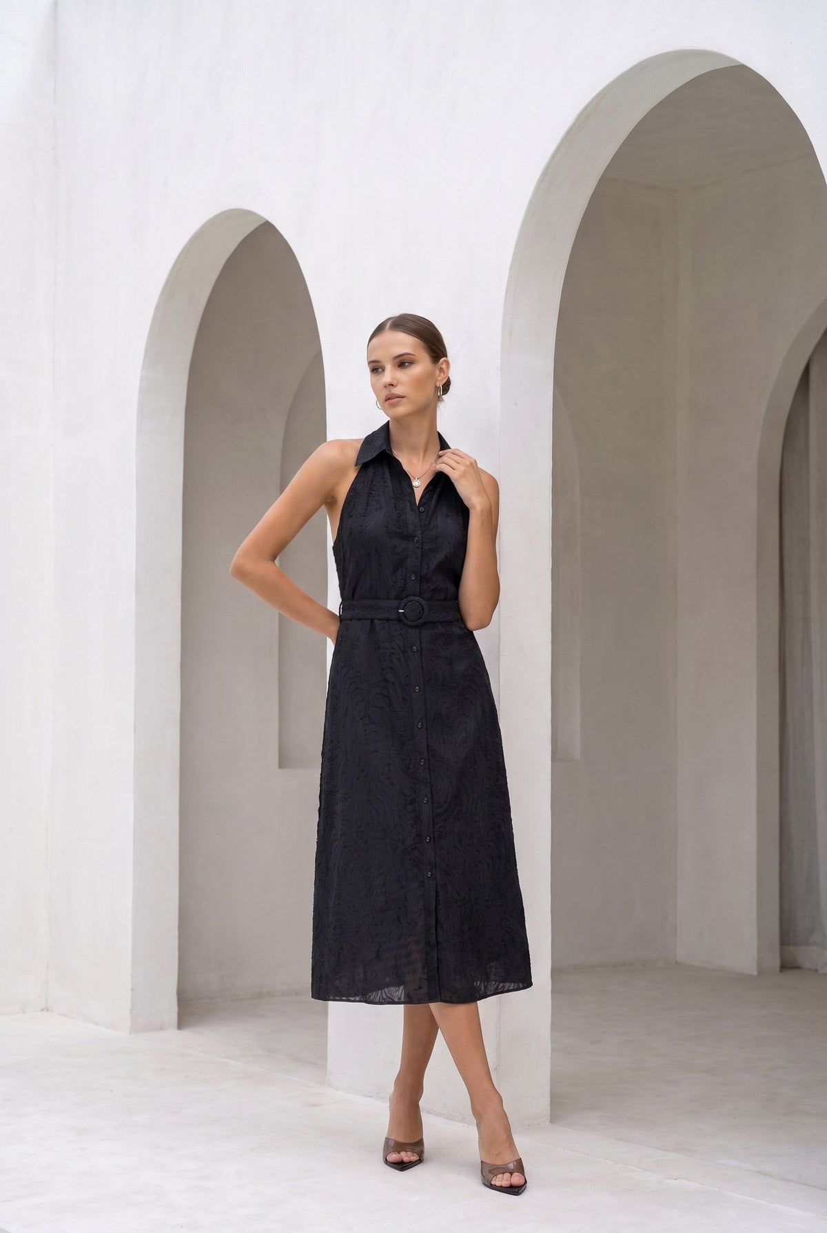 EMILIO BELTED LONG DRESS